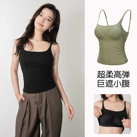 New Women's Square Neck With Chest Pad To Cover Belly Outer Wear Beautiful Back Suspenders Cup One-piece Round Neck Rib Bottoming